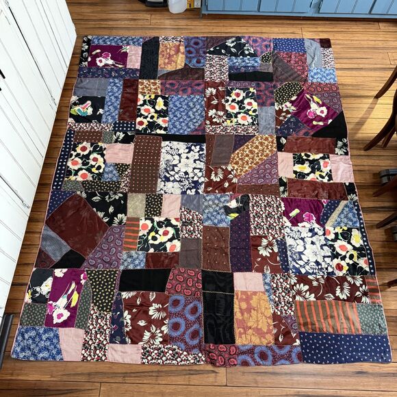 VTG Hand Pieced Embroidered Crazy Quilt 92 X 76 Silk Cotton Boho-Cottage Core